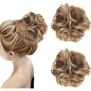 2 PCS Hair Bun Extensions Wavy Curly Messy Donut Chignons Brown & Golden Blonde